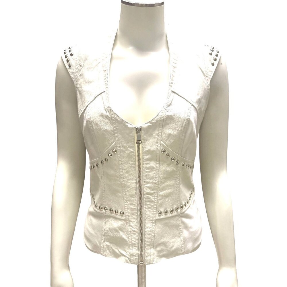 Bebe Small White Danica Studded Leather Zip Vest Y2K Moto Glamcore Clubwear Chic - Picture 2 of 13
